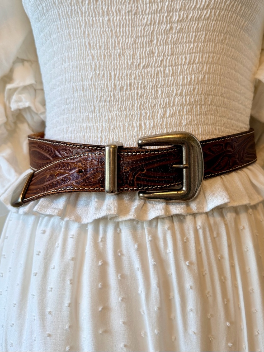 Brown Tooled Leather Belt with Antiqued Brass Buckle